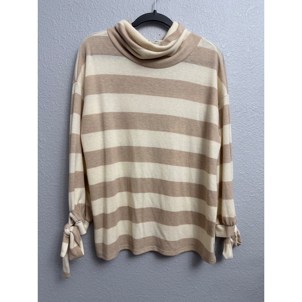 Sweet Claire Tan Cream Striped Cowl Neck Top Tie Cuff Long Sleeve L/XL Jumper